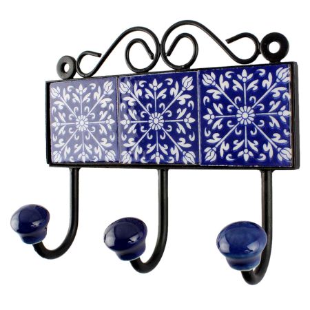 Navy Blue Leaf Ceramic Floral Tile Hook
